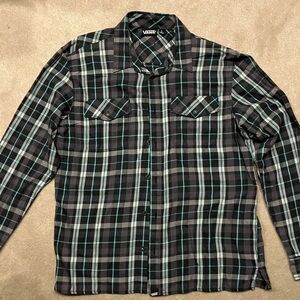 Vans Men's Black, Gray, and Green Plaid button up Shirt